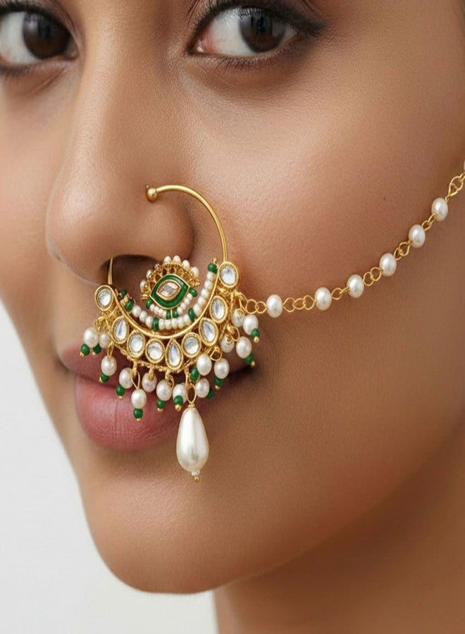 VAMA FASHIONS Traditional Gold Plated Rajasthani Nose Ring Embreld Stone Rajputi Big Bridal Nathiya Pearl Nat With Chain Clip on Nathni Without Piercing Pressing Nath For Women (Green Rajasthani Nathani) - Image 5