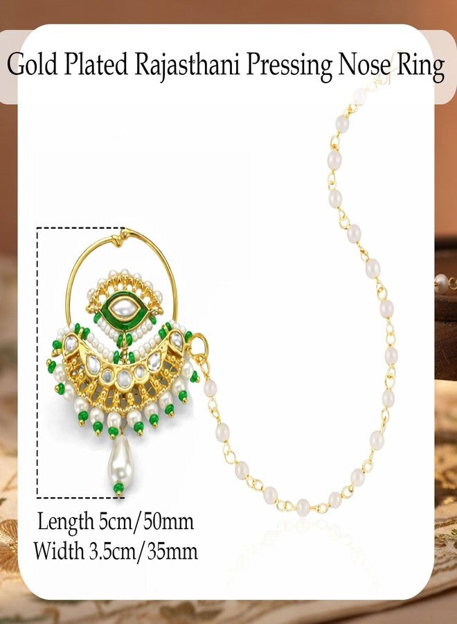 VAMA FASHIONS Traditional Gold Plated Rajasthani Nose Ring Embreld Stone Rajputi Big Bridal Nathiya Pearl Nat With Chain Clip on Nathni Without Piercing Pressing Nath For Women (Green Rajasthani Nathani) - Image 3