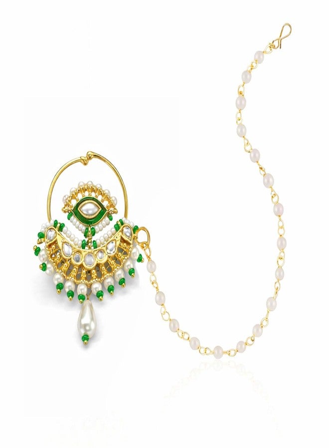 VAMA FASHIONS Traditional Gold Plated Rajasthani Nose Ring Embreld Stone Rajputi Big Bridal Nathiya Pearl Nat With Chain Clip on Nathni Without Piercing Pressing Nath For Women (Green Rajasthani Nathani) - Image 1