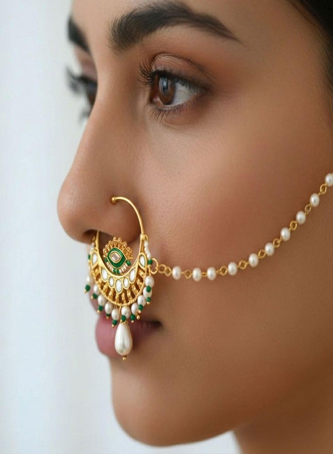 VAMA FASHIONS Traditional Gold Plated Rajasthani Nose Ring Embreld Stone Rajputi Big Bridal Nathiya Pearl Nat With Chain Clip on Nathni Without Piercing Pressing Nath For Women (Green Rajasthani Nathani) - Image 2