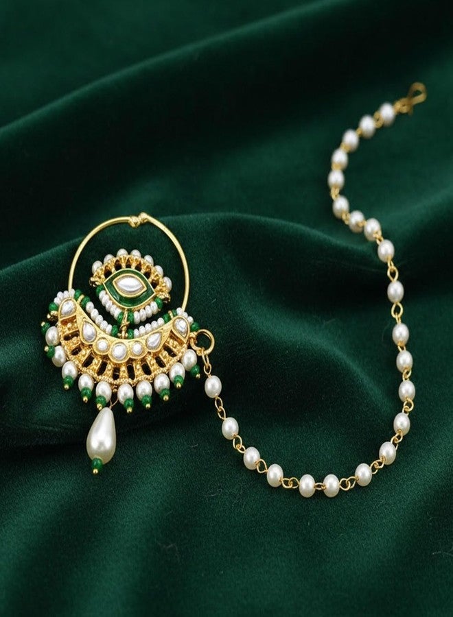 VAMA FASHIONS Traditional Gold Plated Rajasthani Nose Ring Embreld Stone Rajputi Big Bridal Nathiya Pearl Nat With Chain Clip on Nathni Without Piercing Pressing Nath For Women (Green Rajasthani Nathani) - Image 4