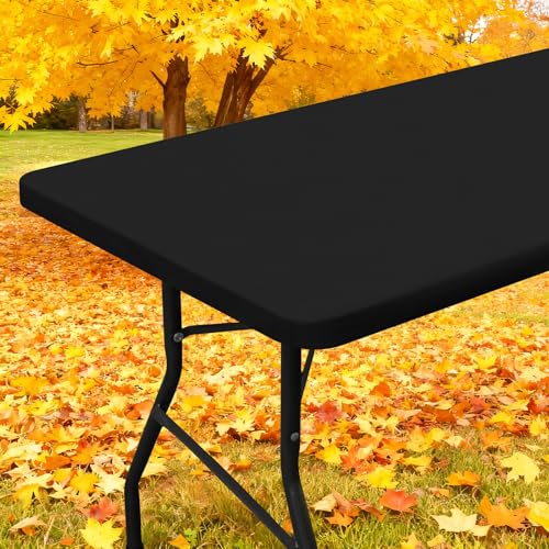 Smiry Rectangle Table Cloth, Waterproof Elastic Fitted Tablecloths for 6 Foot Tables, Washable Polyester Table Cover for Picnic, Camping, Outdoor (Black, 30"x72") - Image 1