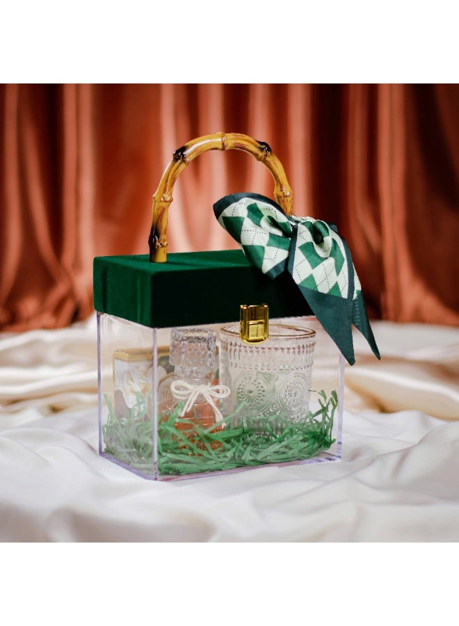 Style Clear Acrylic Velvet Cover Wedding Favors Candy Box Bridesmaid Transparent Candle Cosmetic Gift Packaging Box with Bamboo Handle - Only Box - Green - 17*10*16cm - Image 1