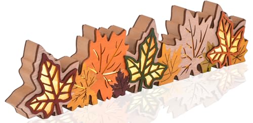 GHOSTMAGIC Lighted Fall Maple Leaves Signs Table Centerpieces Thanksgiving Wooden Block Sign Decorations 3D Wood Autumn Harvest Farmhouse Decor with Led Lights for Home Desk Office Party (Fall Leaves) - Image 1