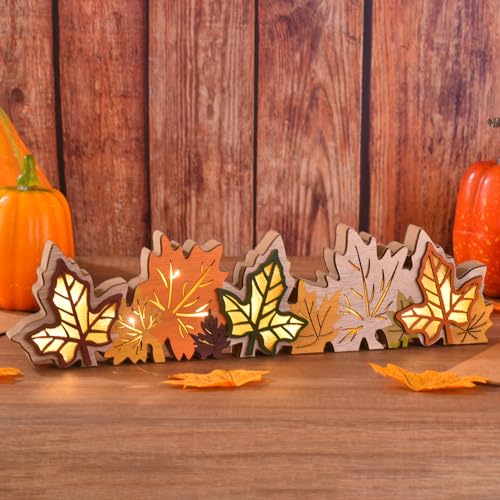 GHOSTMAGIC Lighted Fall Maple Leaves Signs Table Centerpieces Thanksgiving Wooden Block Sign Decorations 3D Wood Autumn Harvest Farmhouse Decor with Led Lights for Home Desk Office Party (Fall Leaves) - Image 2