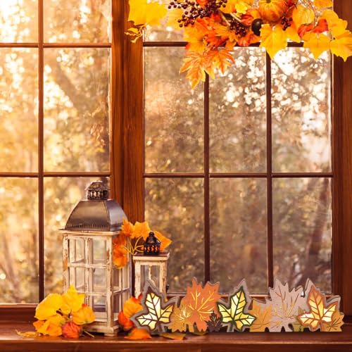 GHOSTMAGIC Lighted Fall Maple Leaves Signs Table Centerpieces Thanksgiving Wooden Block Sign Decorations 3D Wood Autumn Harvest Farmhouse Decor with Led Lights for Home Desk Office Party (Fall Leaves) - Image 5