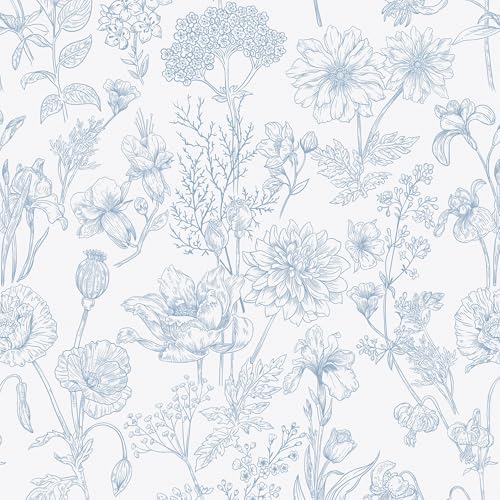EeeComing Floral Peel and Sick Wallpaper Boho Contact Paper Modern White and Blue Peel and Stick Wall Paper Removable Self Adhesive Wallpaper for Bedroom Bathroom Cabinets Vinyl Roll 17.3”X118.1” - Image 1