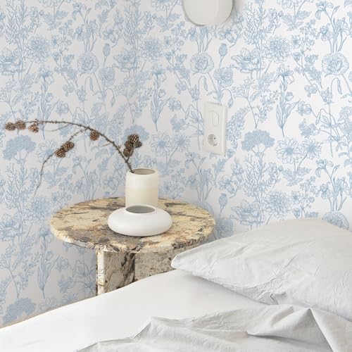 EeeComing Floral Peel and Sick Wallpaper Boho Contact Paper Modern White and Blue Peel and Stick Wall Paper Removable Self Adhesive Wallpaper for Bedroom Bathroom Cabinets Vinyl Roll 17.3”X118.1” - Image 2