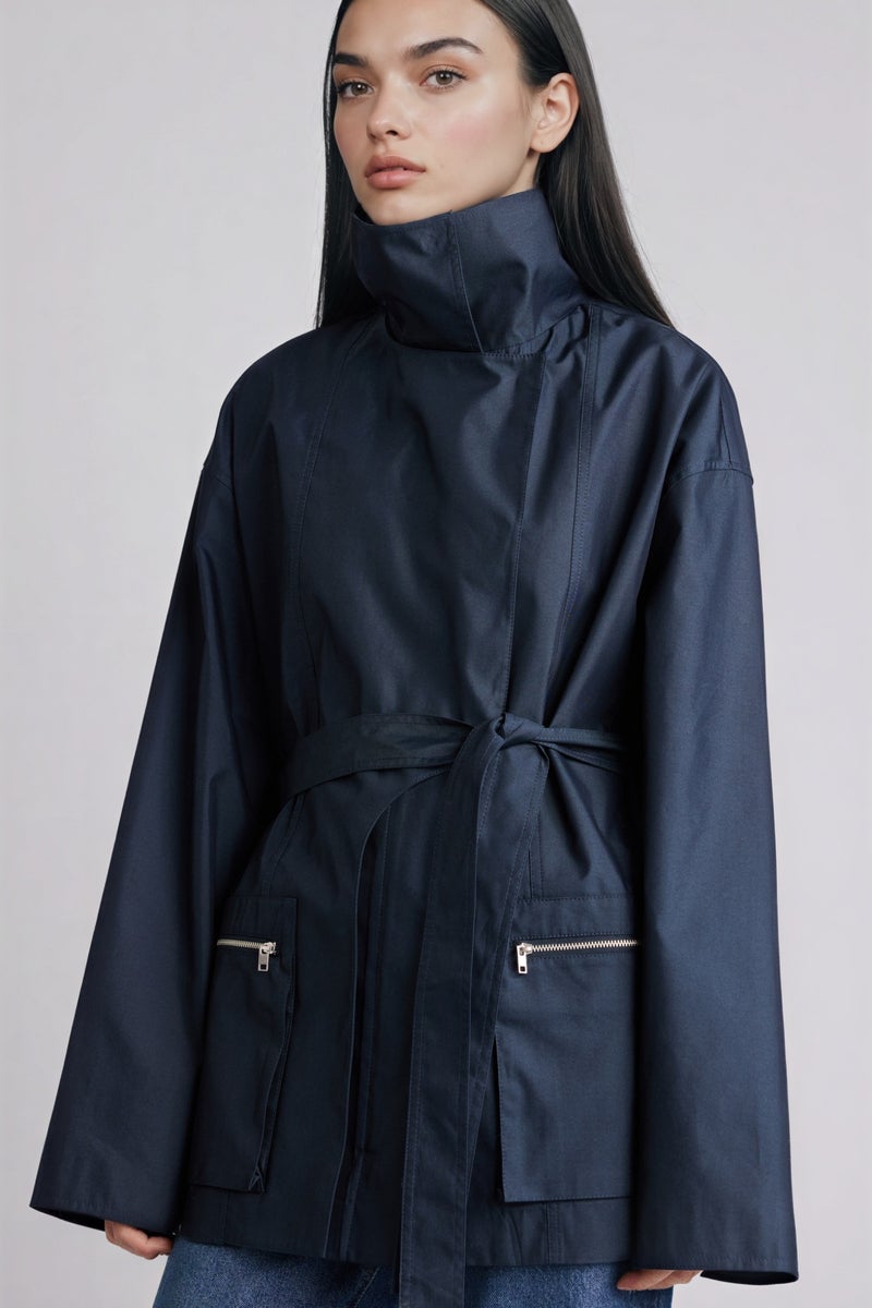 DeFacto Blue Woman Regular Fit Stand Collar Trench Coat Casual - Image 4