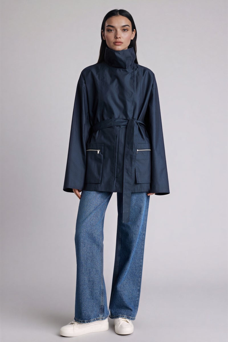DeFacto Blue Woman Regular Fit Stand Collar Trench Coat Casual - Image 5