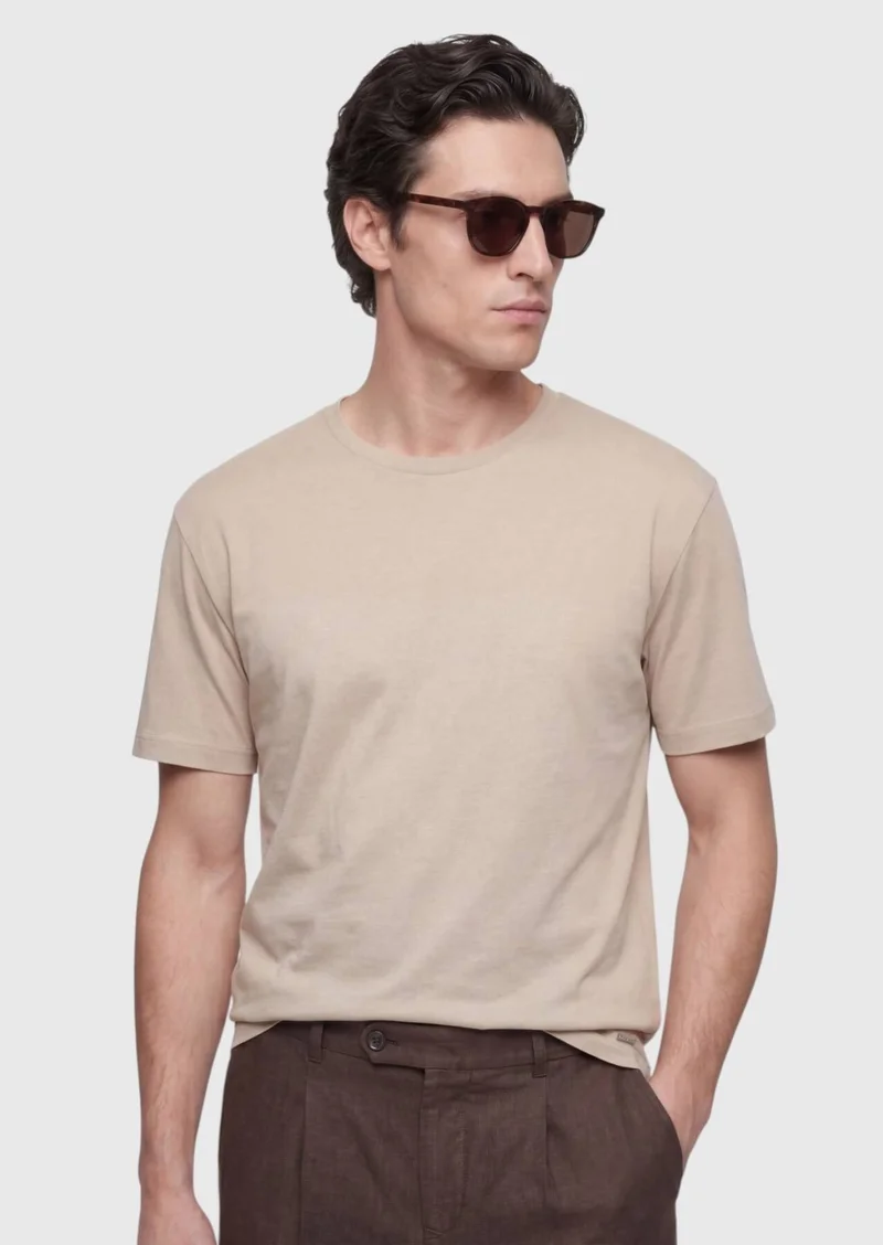 RAMSEY Beige Plain 100% Cotton T-Shirt