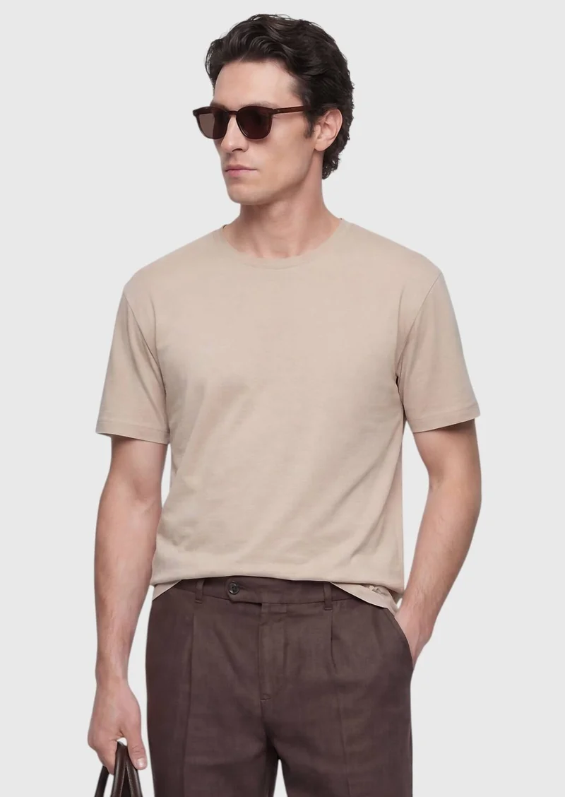 RAMSEY Beige Plain 100% Cotton T-Shirt