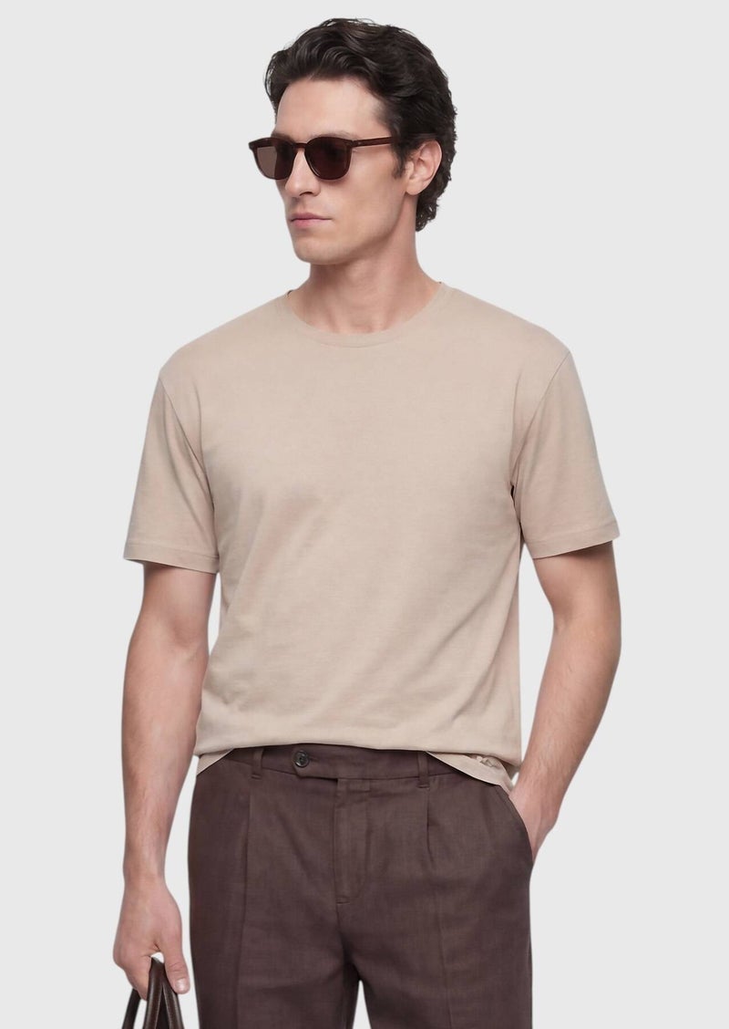 RAMSEY Beige Plain 100% Cotton T-Shirt - Image 1