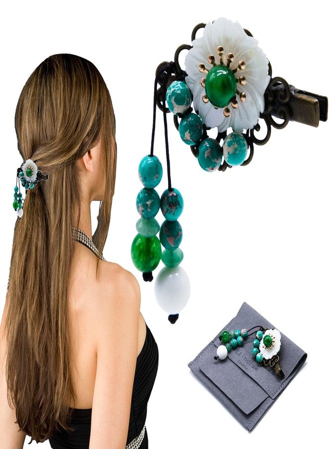 Ezindraw Retro Natural Jade Gemstone Hair Barrette for Women, Chinese Hanfu Vintage Hair Accessories with Tassel, Jewelry for Chinese Traditional Dress - Image 1
