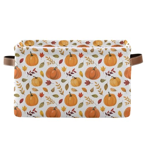 Wamika Fall Pumpkin Storage Basket with Waterproof Liner and PU Handles Autumn Maple Leaves Storage Bins Boxes 142 Collapsible Decorative Organizer Baskets for Bedroom Closet Office 1 Pack - Image 1