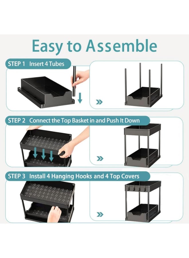 كيتشينو منظم سلة منزلقة تحت الخزانة، منظم تخزين من طبقتين تحت الخزانة والحمام وتحت الحوض، رف تخزين اسود متعدد الاغراض للمطبخ والحمام والمكتب - Image 2