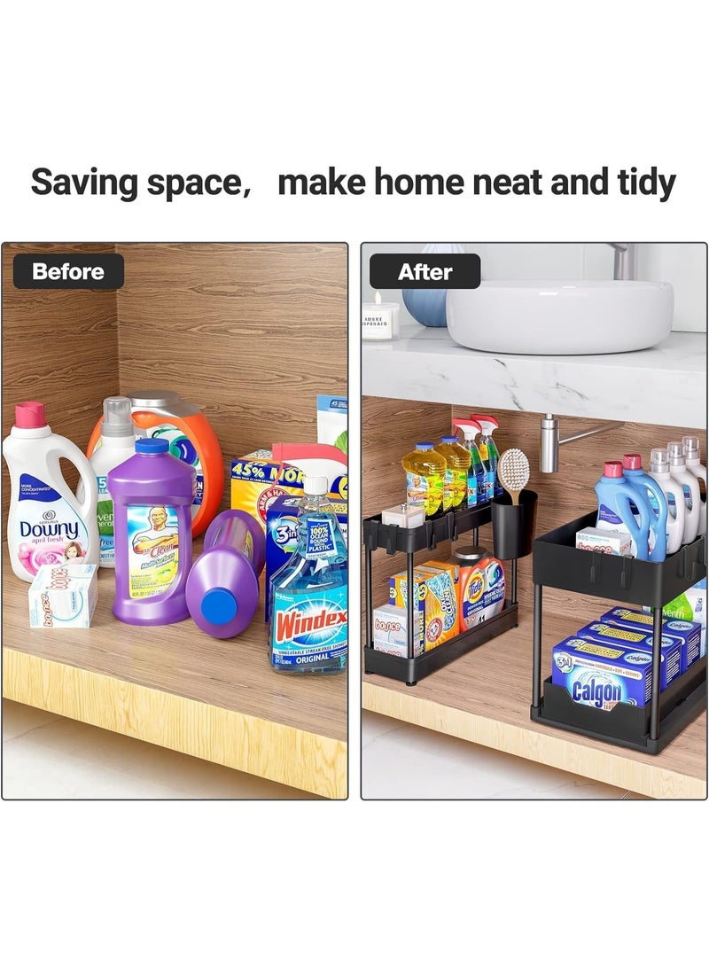 كيتشينو منظم سلة منزلقة تحت الخزانة، منظم تخزين من طبقتين تحت الخزانة والحمام وتحت الحوض، رف تخزين اسود متعدد الاغراض للمطبخ والحمام والمكتب - Image 5