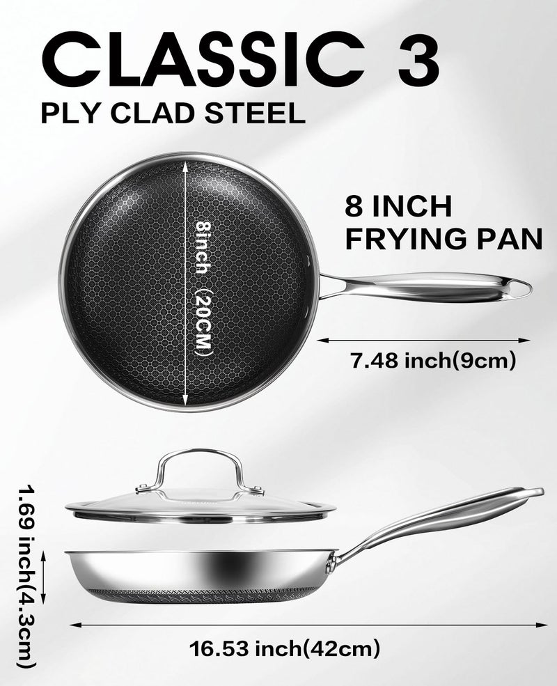 USELUCK Nonstick Frying Pan with Lid,8-Inch Stainless Steel Skillet with Honeycomb Surface,Oven-Safe,PFAS-Free,Non-Toxic,Dishwasher-Friendly,Compatible with All Cooktops. - Image 3