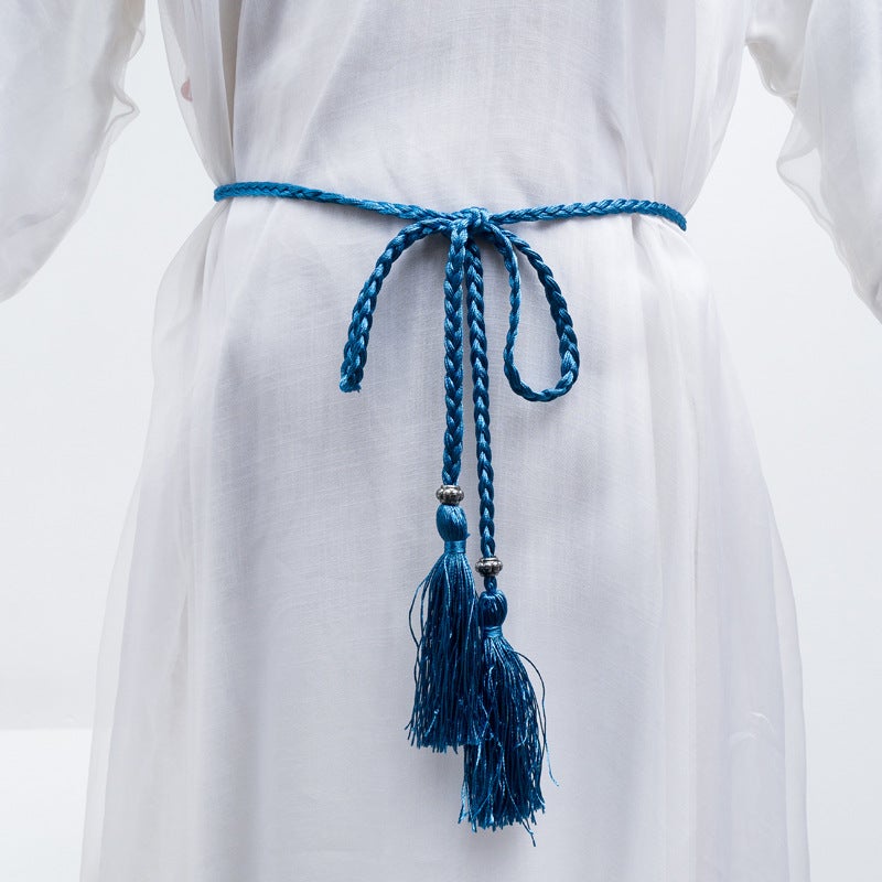Braided Tassel Belt Ladies Skinny Butterfly Knot Azure Blue 