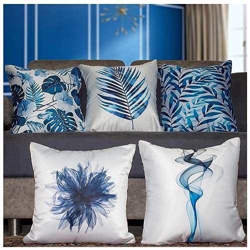 Vendola Decorative Satin Sofa Cushion Covers Set of 5, 16 inch x 16 inch, Sofa Pillow Cover, Blue and White Colour, Floral Design, Zipper Closure (Blue Smoke, 16X16 Inches) - Image 1