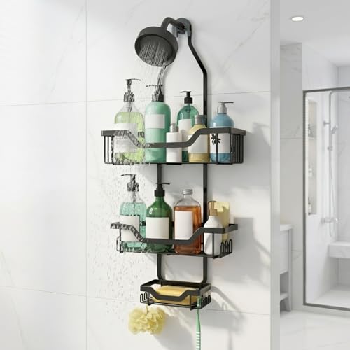 MIORAH Hanging Shower Caddy for Bathroom Aluminium | Bathroom Organiser Without Drill | Bathroom Accessories Storage Organizer Black - Image 1