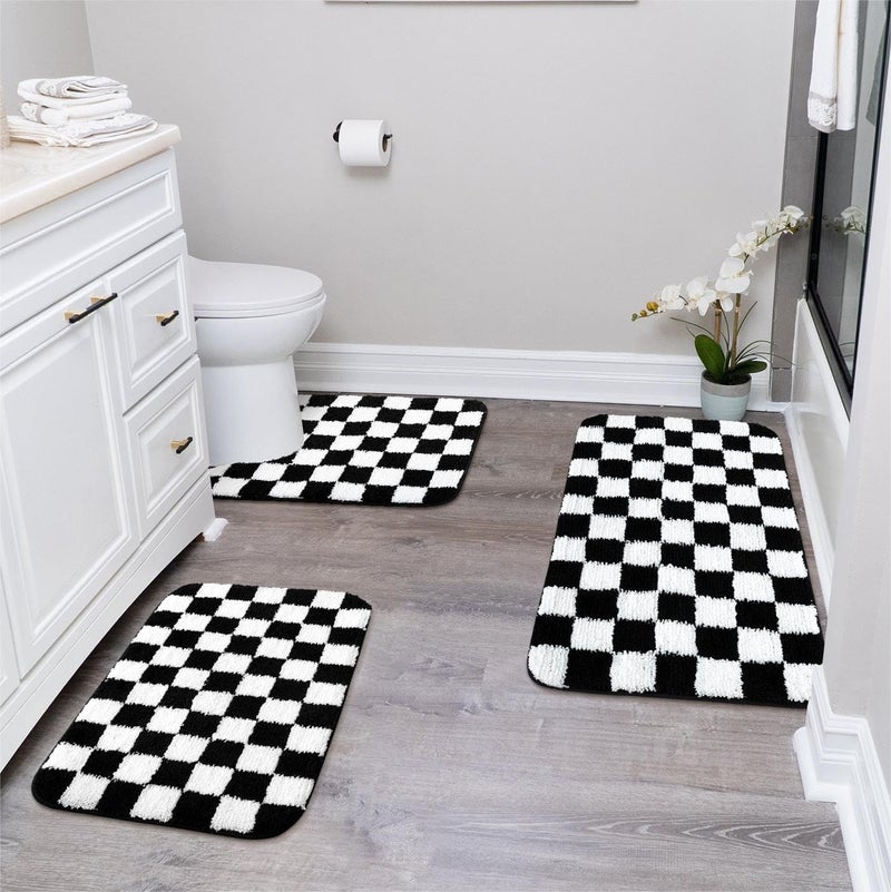 Uphome Bathroom Rugs Set 3 Piece Black and White Checkered Bath Mat Set Non Slip Machine Washable Soft Plush Microfiber Bathroom Mat with U Shaped Toilet for Tub Shower
