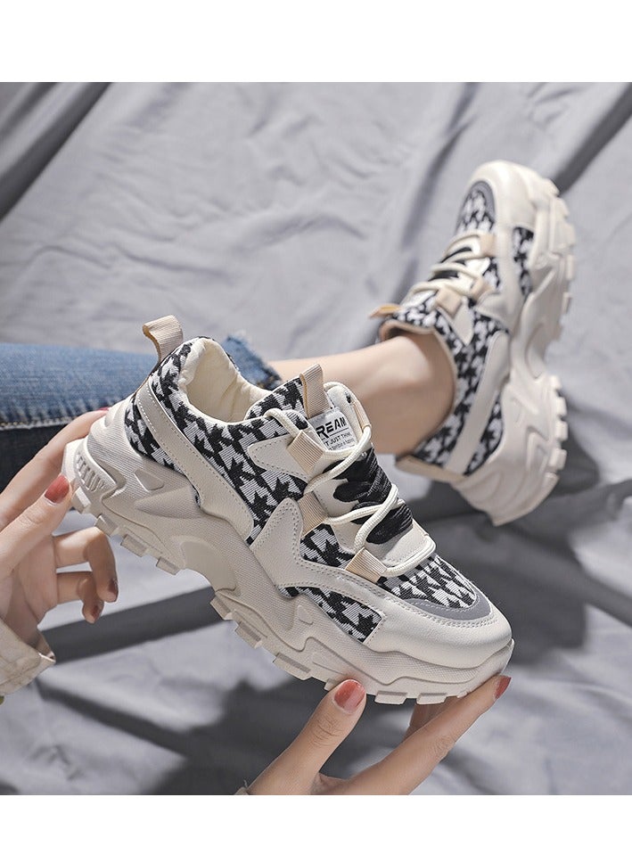 Mei Stylish Chunky Sneakers with Black and White Houndstooth Pattern, Stylish Lightweight Casual Sports Shoes - Image 2