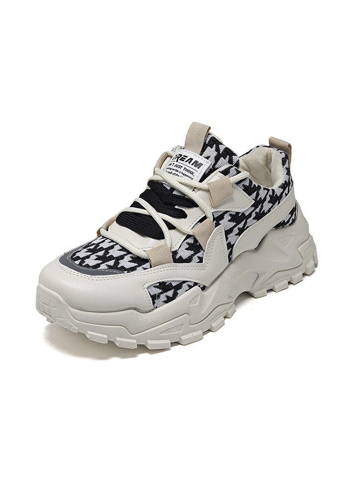 Mei Stylish Chunky Sneakers with Black and White Houndstooth Pattern, Stylish Lightweight Casual Sports Shoes - Image 1