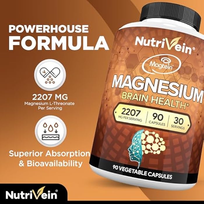 Nutrivein Premium Magtein Magnesium L-Threonate Supplement 2207 mg - 90 Caps (3 a Day): High-Absorption Magnesium Threonate for Brain, Sleep, Mood & Recovery - Image 4
