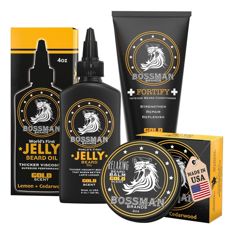 Bossman Essentials Beard Kit for Men  Beard Oil Jelly Fortifying Conditioner Cream Beard Balm  Grooming Growth Care Accessories Gold