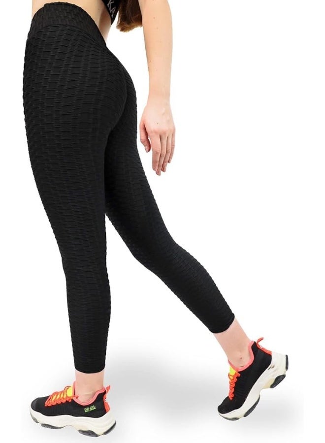 سراويل ليغينغز عالية الخصر بتصميم منقوش، نمط خلية نحل، تصميم رفع المؤخرة، أسود - Image 1