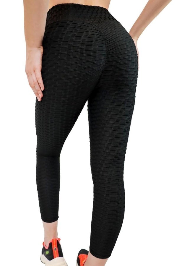 سراويل ليغينغز عالية الخصر بتصميم منقوش، نمط خلية نحل، تصميم رفع المؤخرة، أسود - Image 2