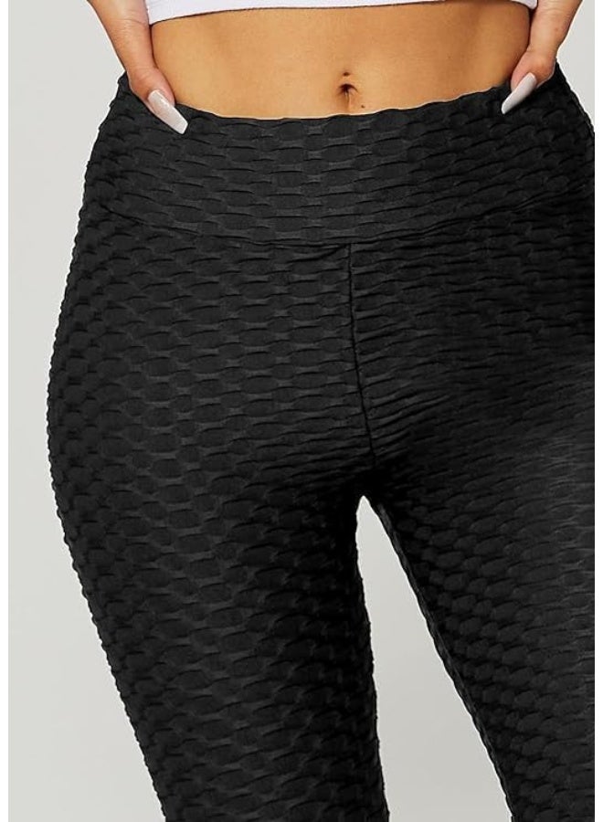 سراويل ليغينغز عالية الخصر بتصميم منقوش، نمط خلية نحل، تصميم رفع المؤخرة، أسود - Image 5