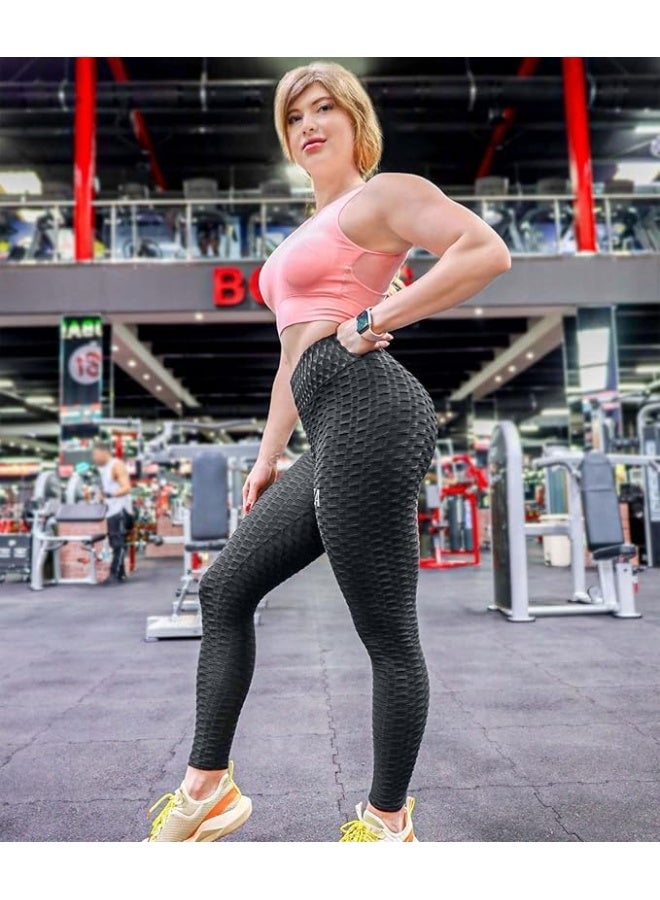 سراويل ليغينغز عالية الخصر بتصميم منقوش، نمط خلية نحل، تصميم رفع المؤخرة، أسود - Image 3