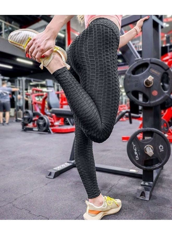 سراويل ليغينغز عالية الخصر بتصميم منقوش، نمط خلية نحل، تصميم رفع المؤخرة، أسود - Image 4