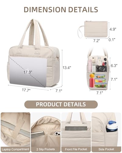 BAVERGE Lunch Tote Bag for Women Work, 17.3 Inch Laptop Purse with Insulated Lunch Compartment Coin Wallet for Meal, Large Puffy Quilted Travel Duffle Bag Beige - Image 2