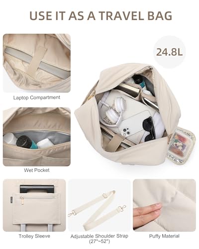 BAVERGE Lunch Tote Bag for Women Work, 17.3 Inch Laptop Purse with Insulated Lunch Compartment Coin Wallet for Meal, Large Puffy Quilted Travel Duffle Bag Beige - Image 5
