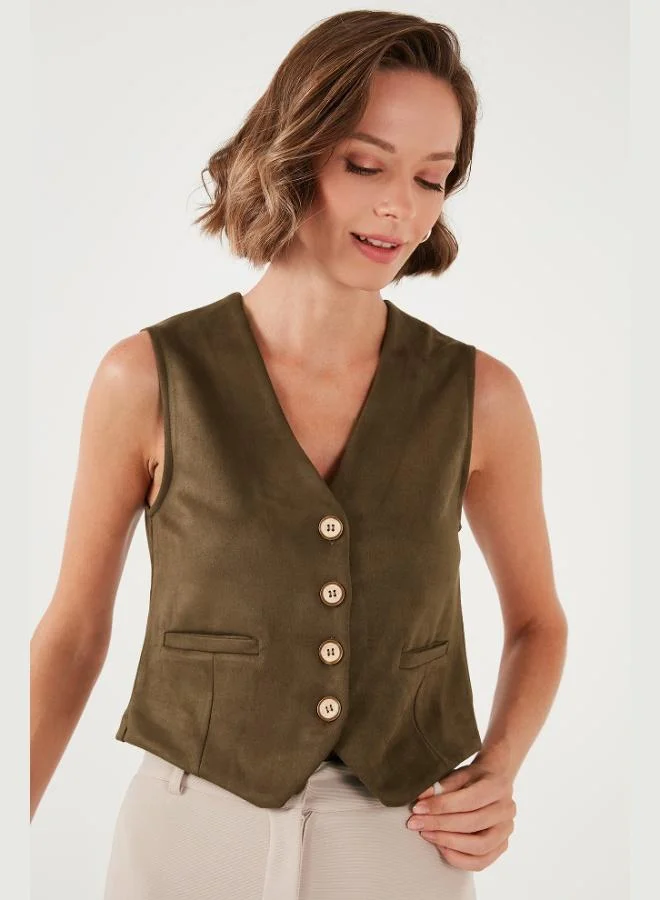 Lela  Lela Fitted Scuba Suede V-Neck Buttoned Vest Women's VEST 5865576 for Women | Best Price UAE