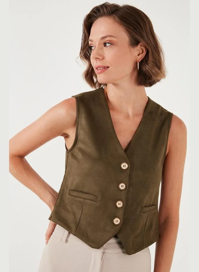Lela  Lela Fitted Scuba Suede V-Neck Buttoned Vest Women's VEST 5865576 for Women | Best Price UAE