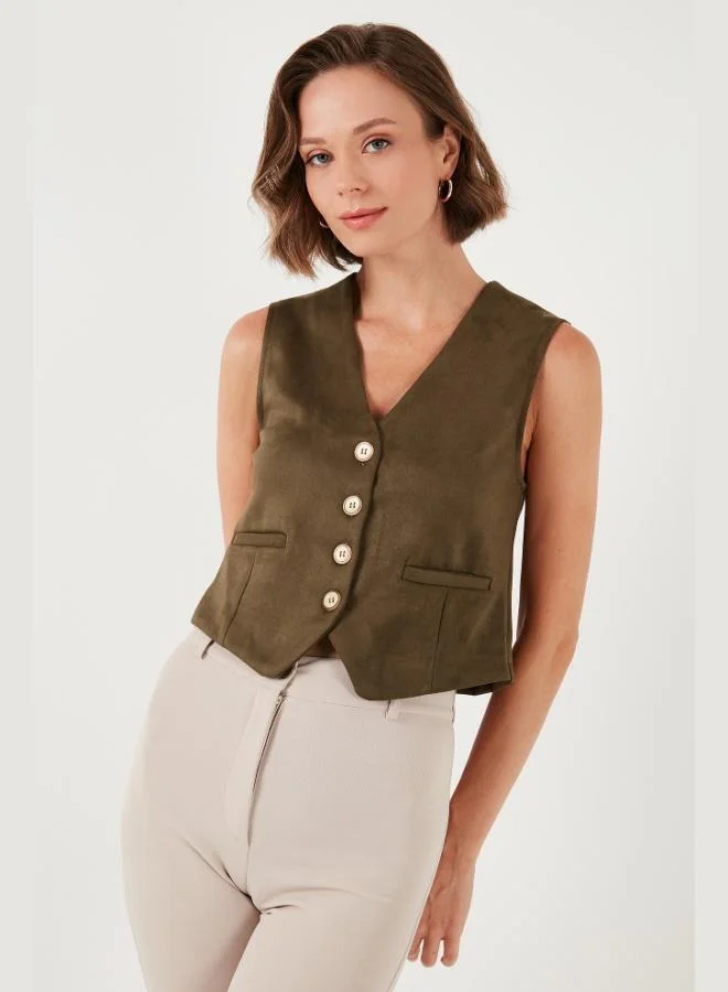 Lela  Lela Fitted Scuba Suede V-Neck Buttoned Vest Women's VEST 5865576 for Women | Best Price UAE
