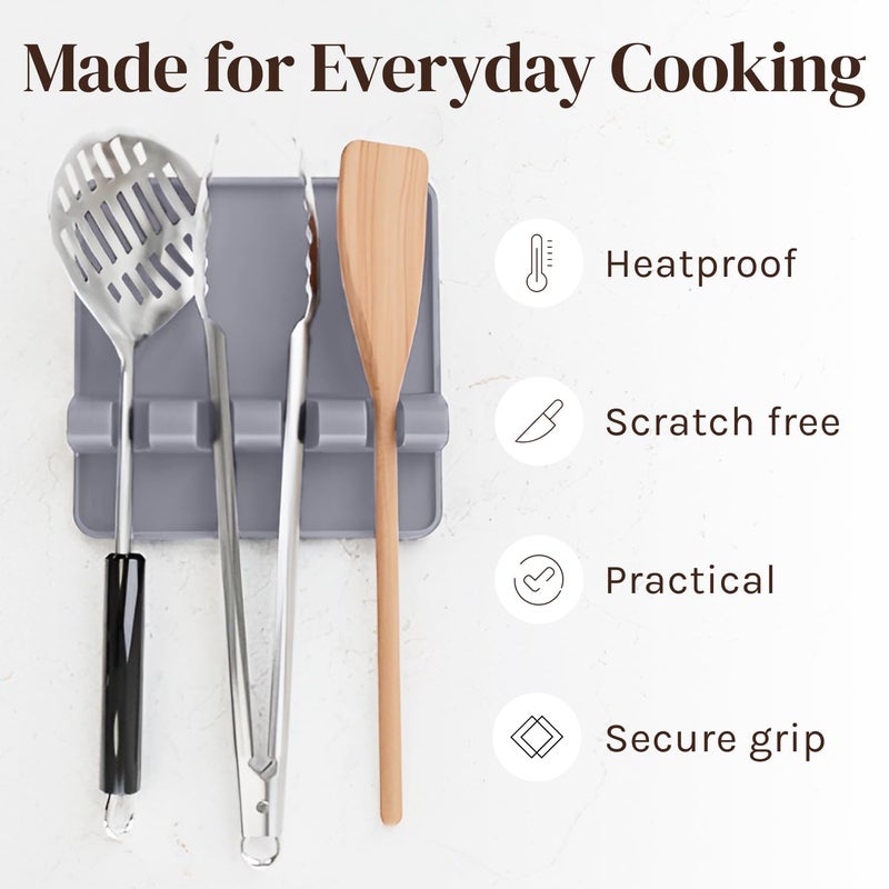 Cooler Kitchen Gray Silicone Spoon Rest for Stove Top with Drip Pad (2 Pack) - Heat Resistant BPA Free Utensil Rest & Kitchen Spoon Holder for Kitchen Counter - Grill Countertop - Spatula Holder - Image 5