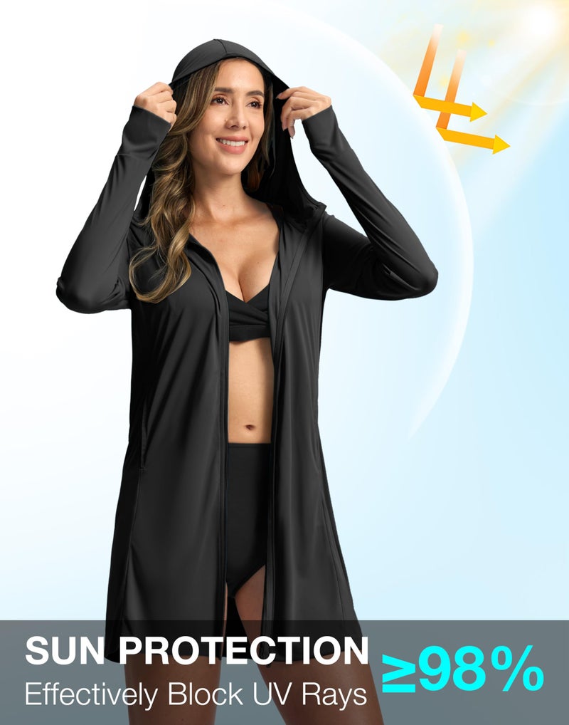 Soothfeel Women's UPF 50+ Swim Cover Up Sun Protection Hoodie SPF Lightweight Jacket Long Sleeve Beach Cover Ups for Women (Black,XL) - Image 4