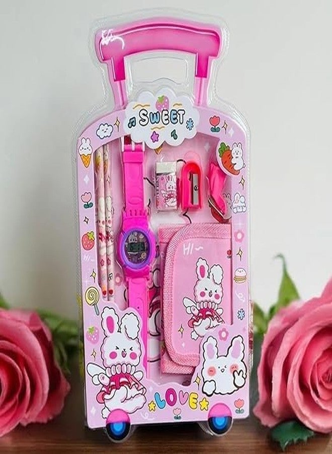 GJSHOP 7 in 1 Stationery Gift Set for Children | Stationery Supplies Bundle with Digital Watch, Sharpener, Eraser, 2 Pencils, Wallet Pouch Return Gift for Kid (Pink) - Image 3
