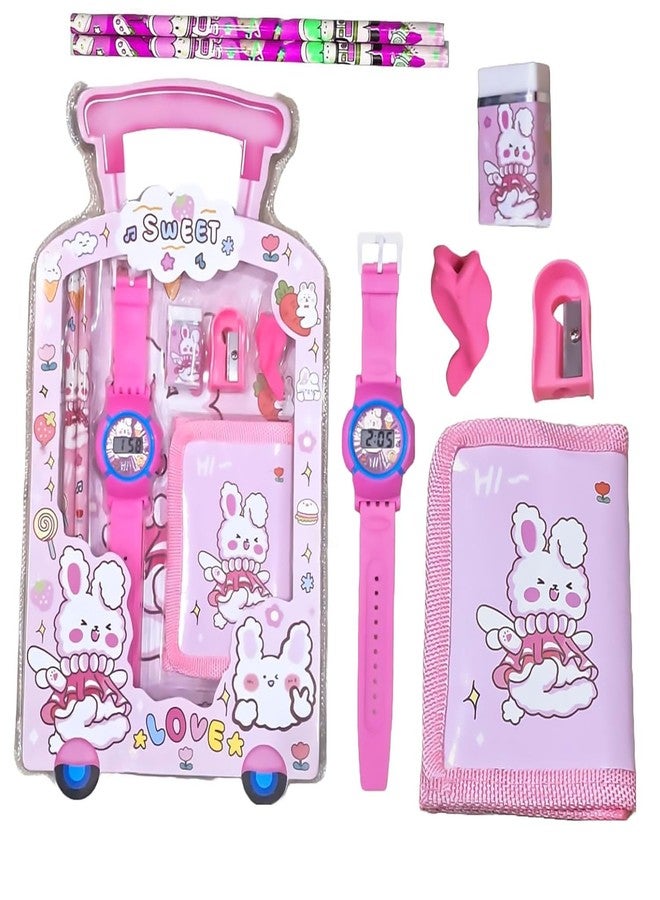 GJSHOP 7 in 1 Stationery Gift Set for Children | Stationery Supplies Bundle with Digital Watch, Sharpener, Eraser, 2 Pencils, Wallet Pouch Return Gift for Kid (Pink) - Image 1