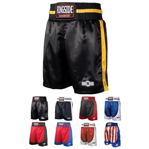 Ringside Pro-Style Boxing Trunks, Satin Boxing Shorts for Men and Women, Ideal for Boxing, MMA, Muay Thai, Black/Gold, Small - Image 1