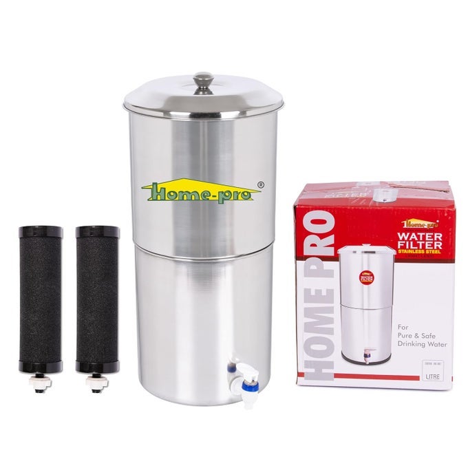GRAVITY WATER FILTER AND PURIFIER 30 LITERS TOTAL CAPACITY 15L BOTTOM 15L TOP MADE WITH STAINLESS STEEL INCLUDES 2 SILVER ACTIVATED CARBON CANDLE AND FOOD GRADE PLASTIC TAPE