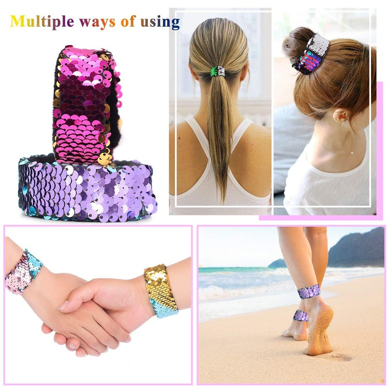 Childom 20 Pack Slap Bracelets 2-Color Reversible Charm Bracelets stage sequins horsetail buckle color ball head hair accessories hair accessories Magic Wristband - Image 5