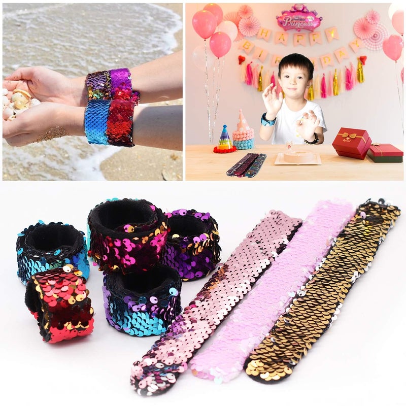 Childom 20 Pack Slap Bracelets 2-Color Reversible Charm Bracelets stage sequins horsetail buckle color ball head hair accessories hair accessories Magic Wristband - Image 4