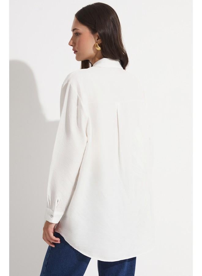 JUNE June Women Exclusive Oversize/Loose Fit Linen Blend Embroidered Detail Shirt Ecru - Image 5