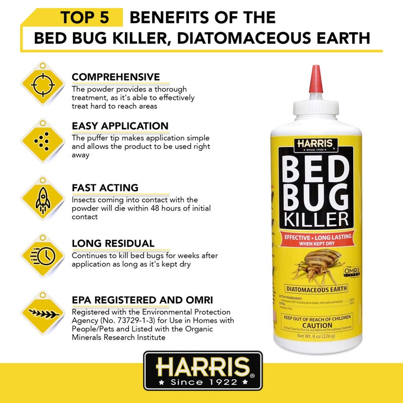 Harris HDE-8 Bed Bug Powder Diatomaceous Earth, 8oz, Yellow - Image 3